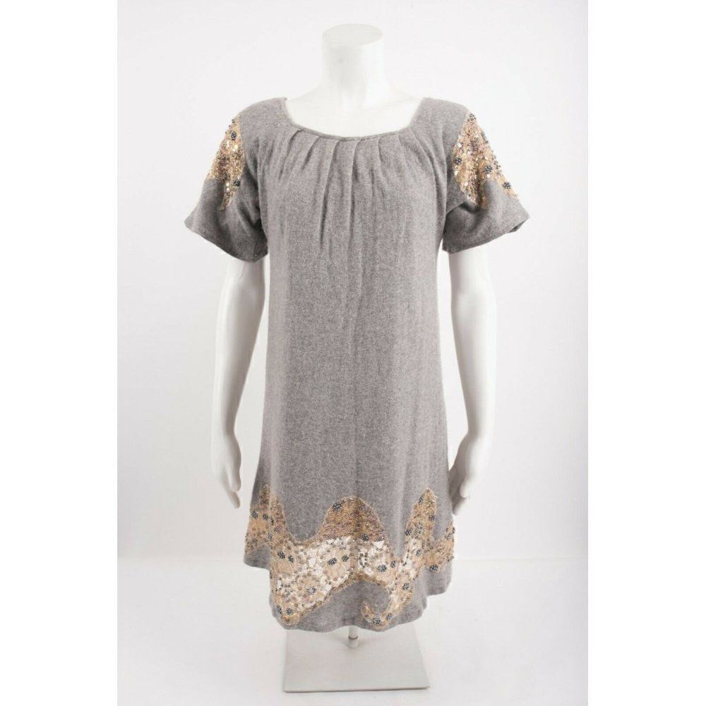 Manoush Womans Gray Sweater Dress Size XS Wool cashmere Lace Sequins Beads